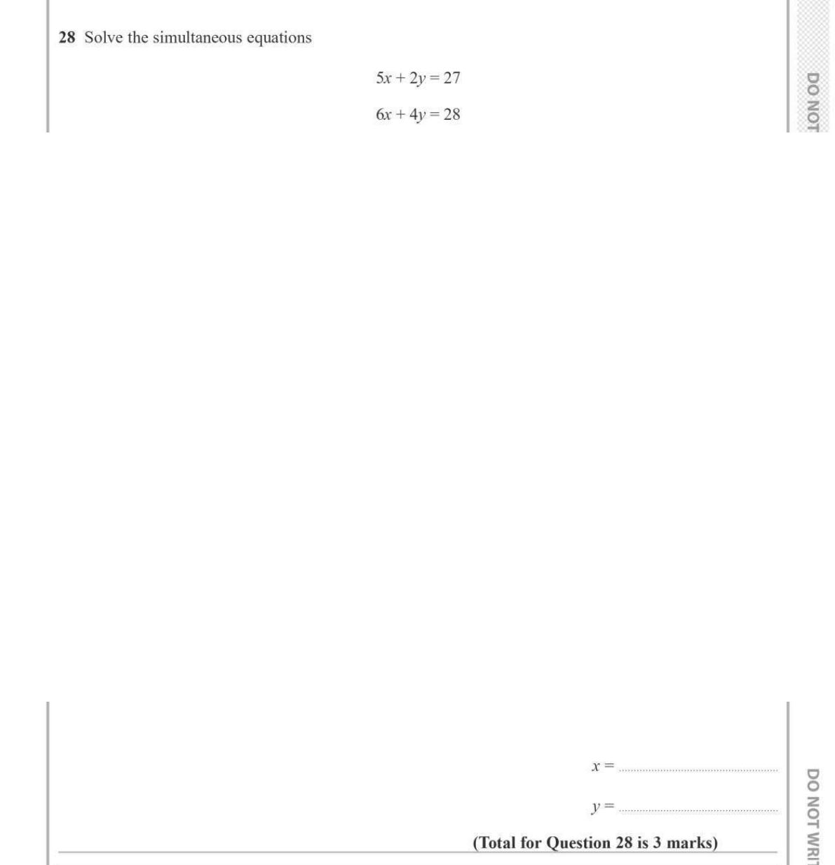 Simultaneous Equations: Linear — 1MA1 Jun 2022 question 28